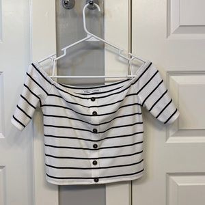 Off shoulder tube crop top, striped with decorative buttons